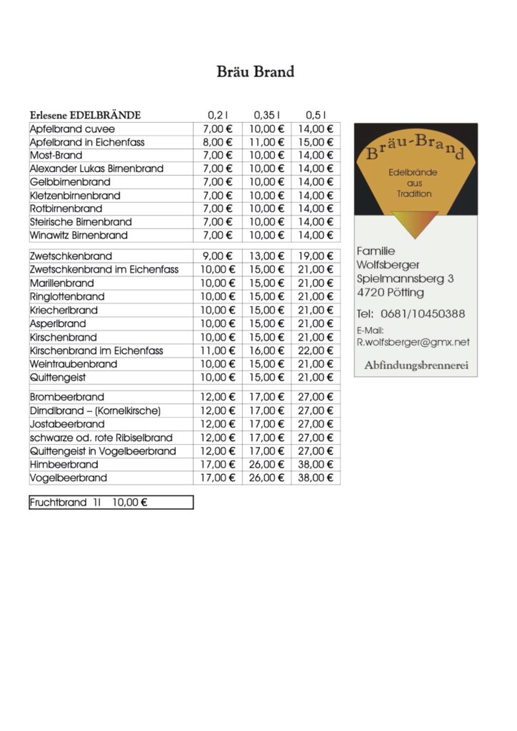 Preisliste BräuBrand